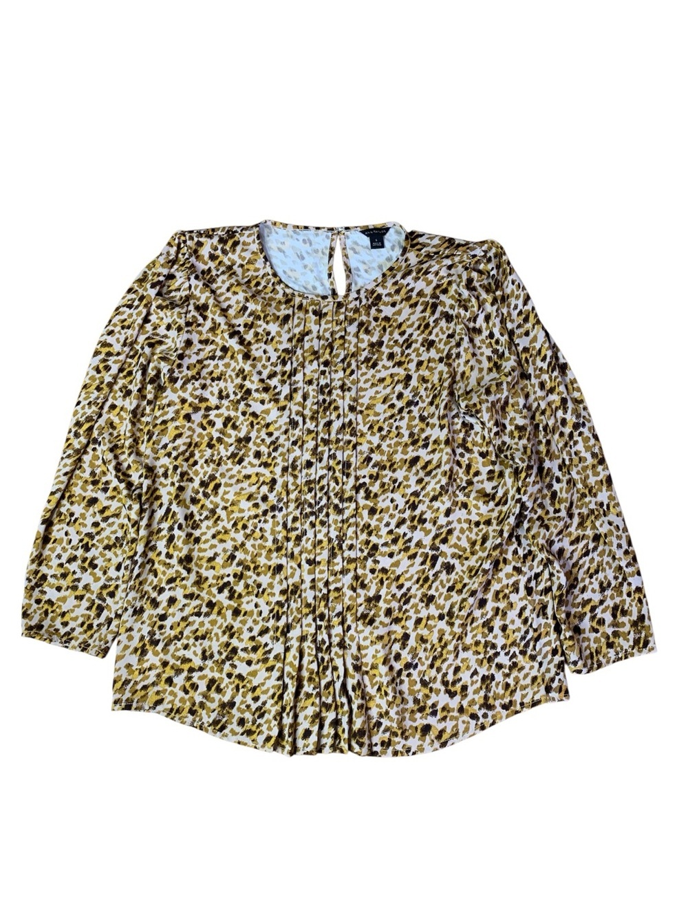 Ann Taylor Animal Print Pleated Blouse Top Women's Size S Brown/Gold